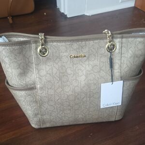 Calvin Klein Brown Tan Tote Bag with Gold Hardware